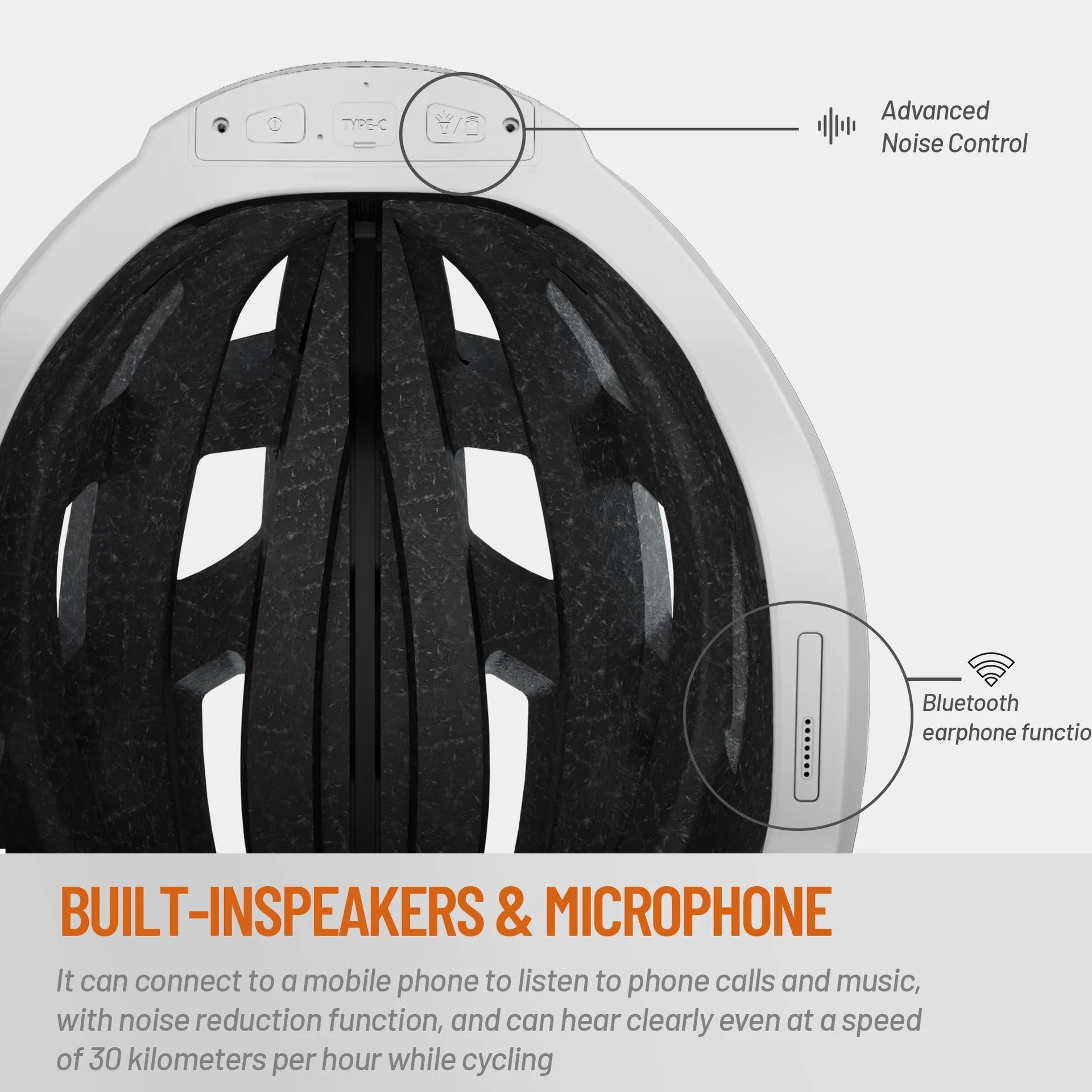 Black and grey smart cycling helmet with integrated Bluetooth safety warning lights on the rear.