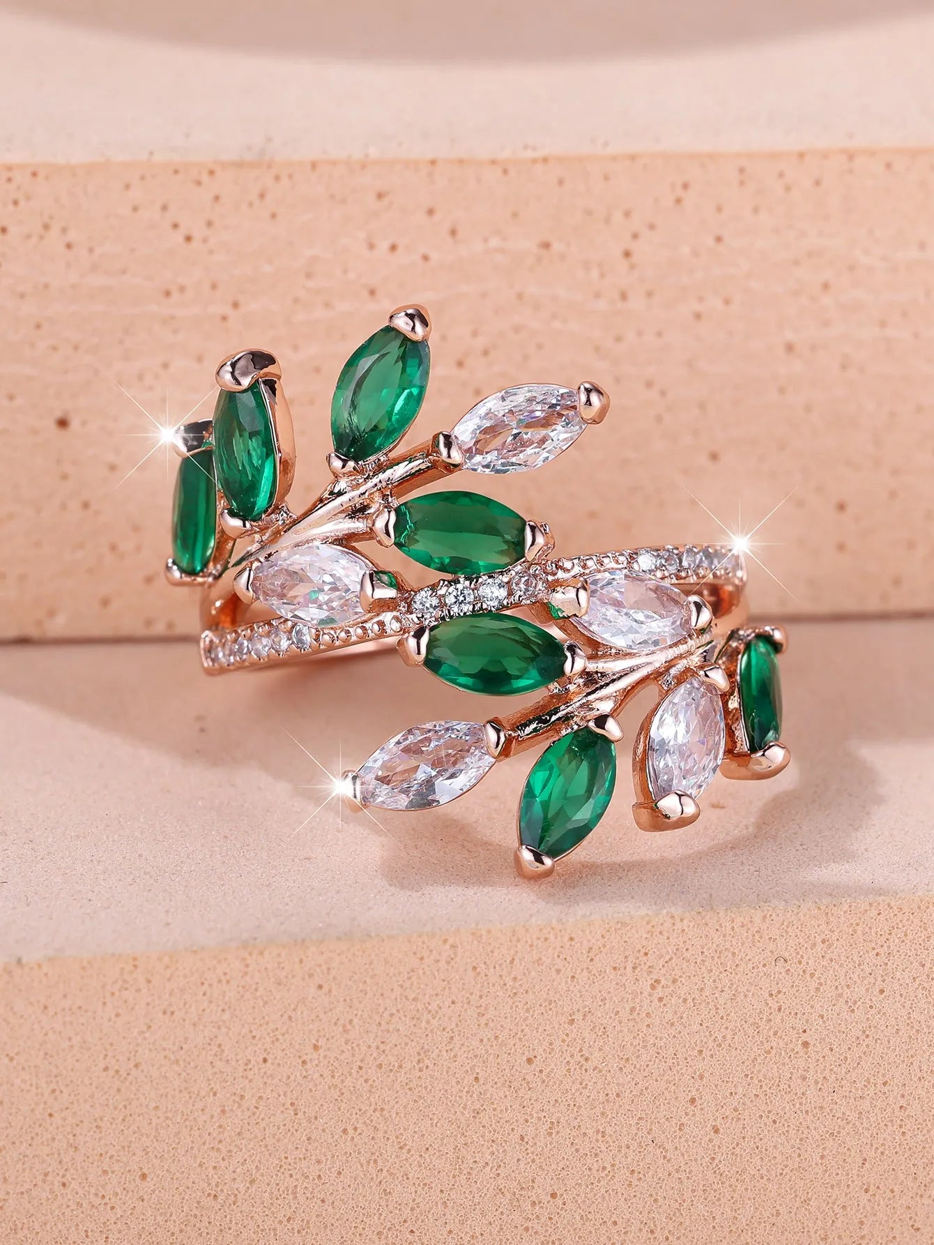 Adjustable copper ring with horse eye zircon stone and leaf design in multiple colour finishes