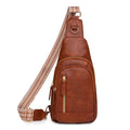 Women's soft PU chest bag in beige with multiple compartments and crossbody strap