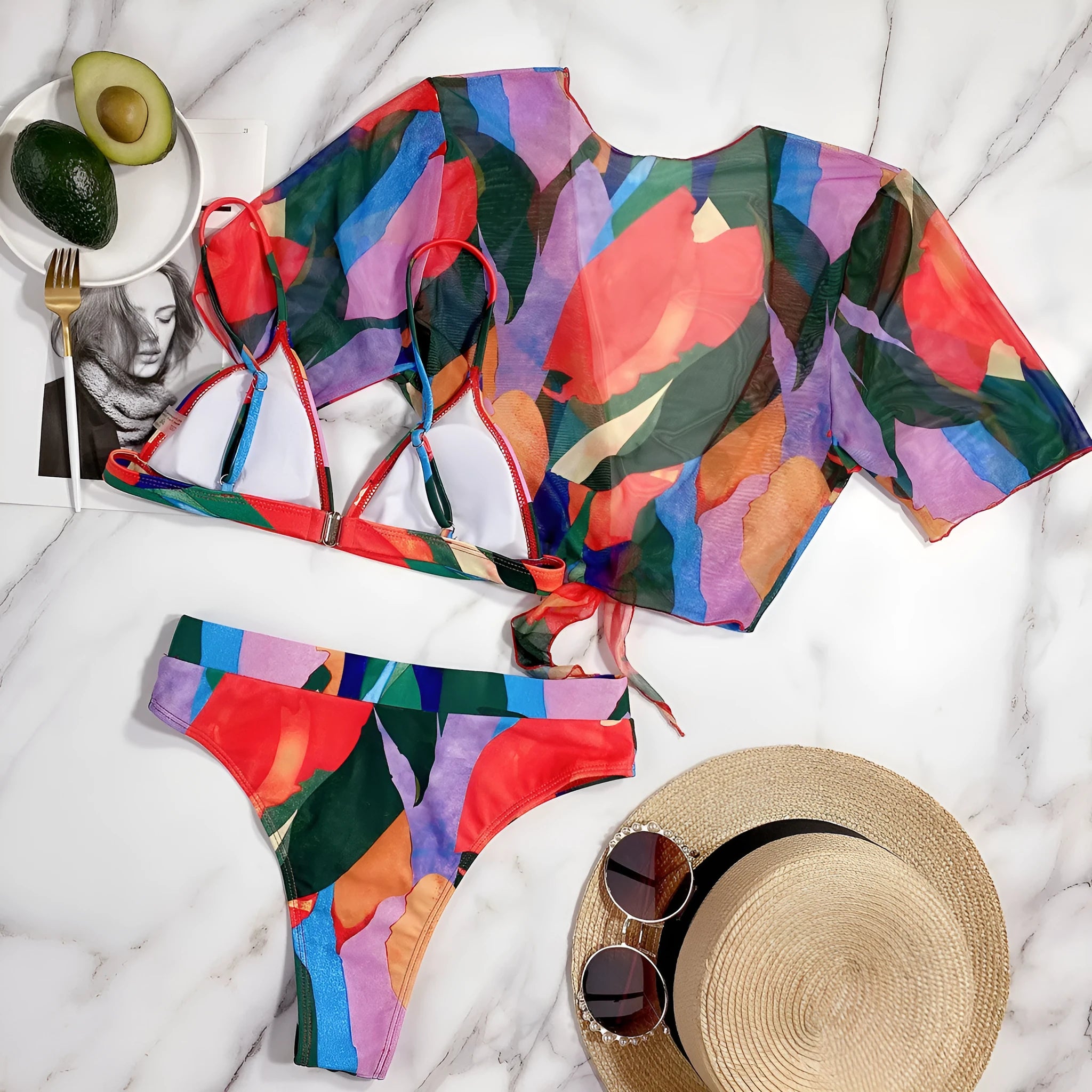 Red women's printed split swimsuit with triangle bikini briefs for swimming and surfing.