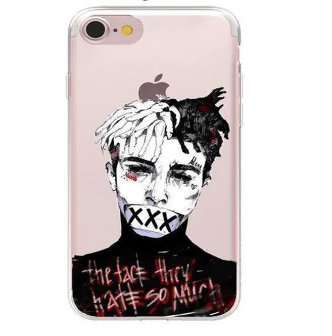 Compatible half-wrapped iPhone case with Xxxtentacion patterned design in transparent matte finish.
