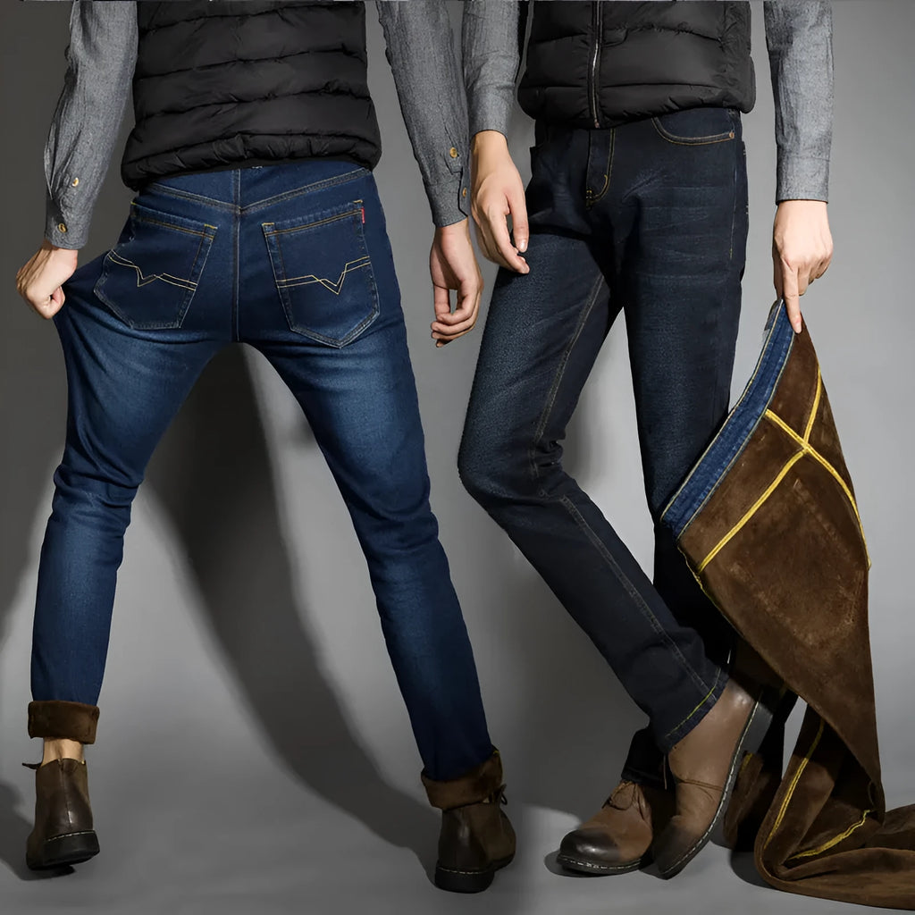 Men's cotton velvet lined straight leg jeans winter warm trousers in black and blue, sizes 28-42