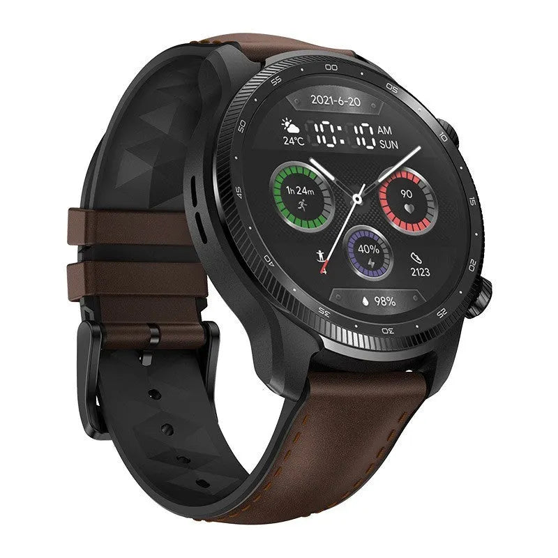 Ticwatch Pro X black smartwatch with round 47mm display showing watch face and activity tracking data