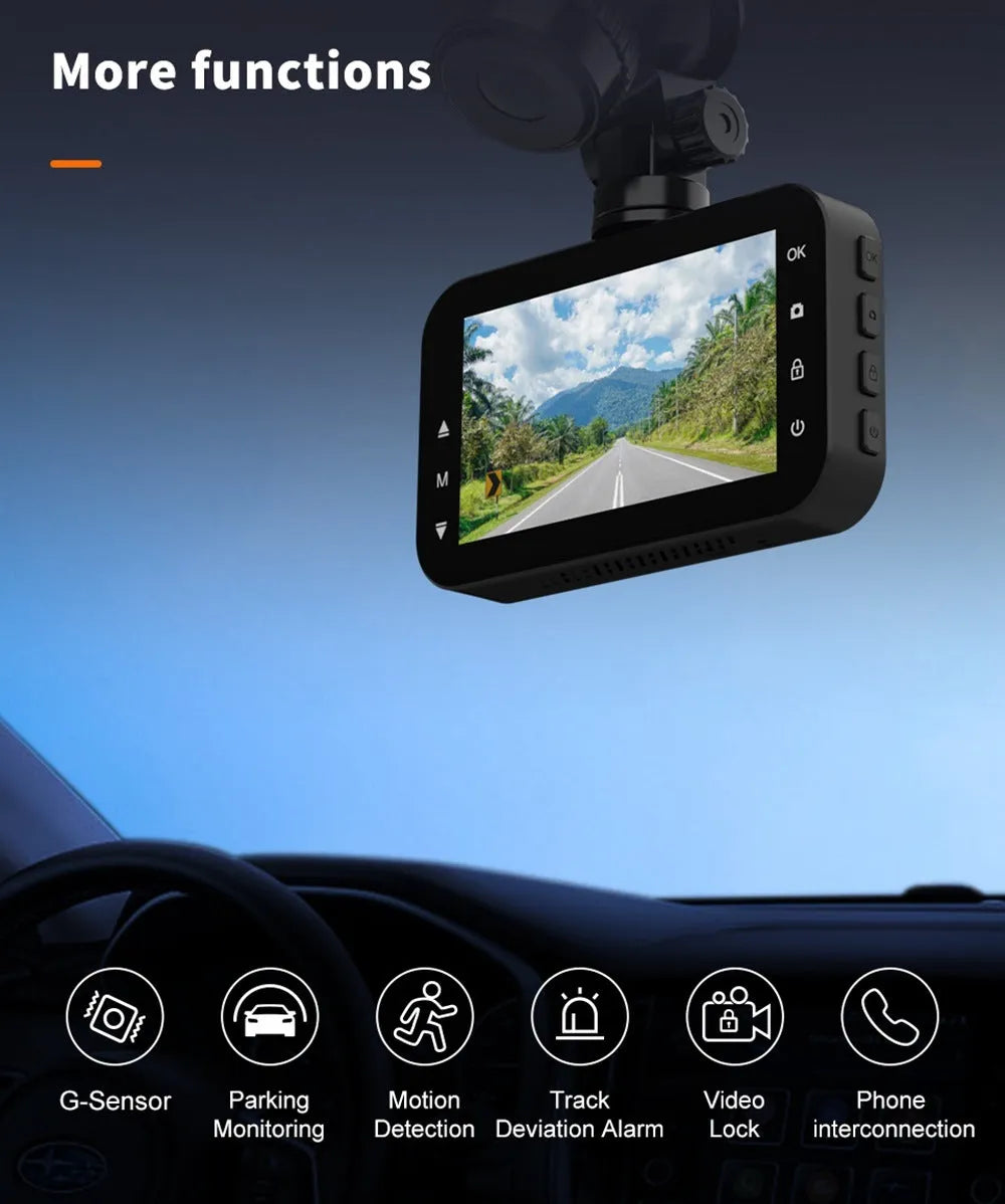 ThiEYE front and rear dash cam with 3-inch screen, suction cup mount, rear camera, and installation cables