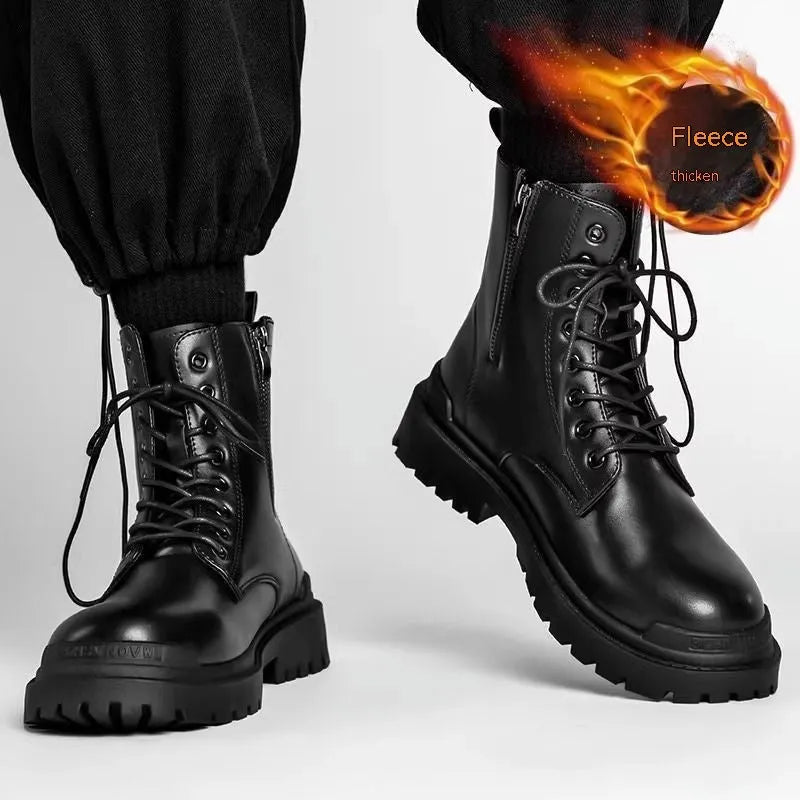 Men's black mid-top British leather style boots with waterproof uppers and rubber soles
