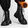 Men's black mid-top British leather style boots with waterproof uppers and rubber soles