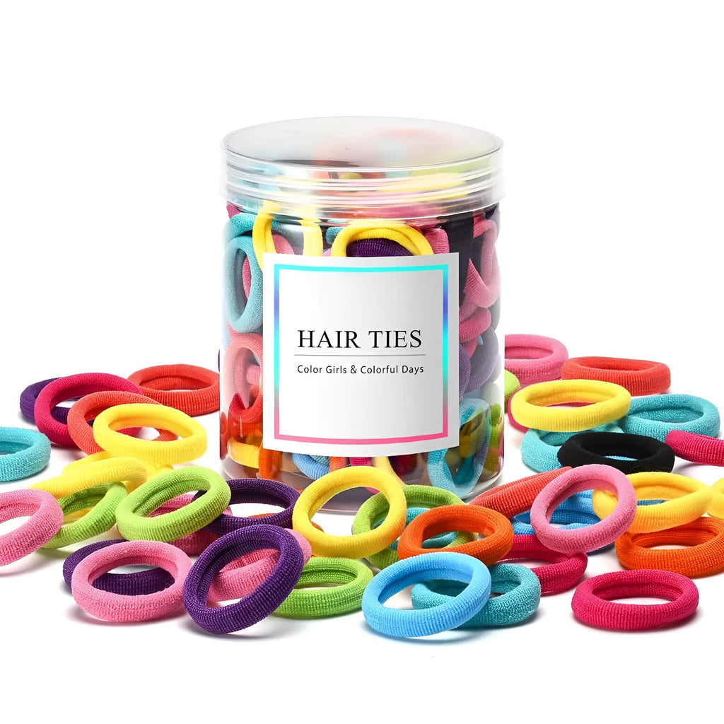 100 baby hair ties in mixed colours showing seamless cotton construction and small 0.85-inch sizing