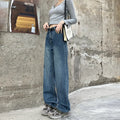 Women's high-waisted straight leg jeans in retro blue denim, shown in cropped and full-length styles.