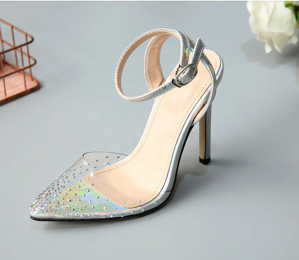 Women's pointed toe stiletto sandals with diamond detail on the PVC upper.