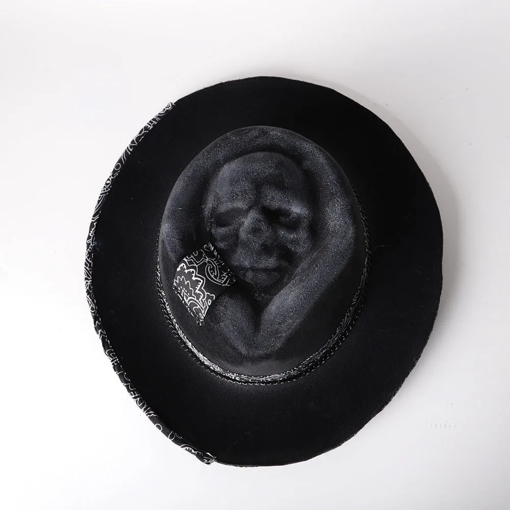 Handmade wool felt Halloween skull hat with conical crown and denim accents
