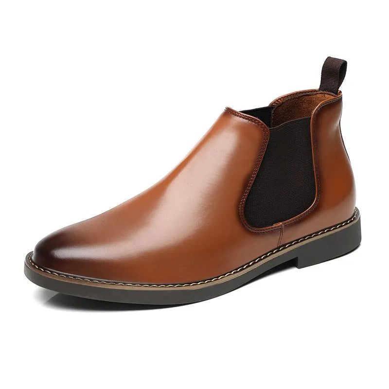 Men's black formal leather boots with a pointed toe and square heel on a non-slip rubber sole.