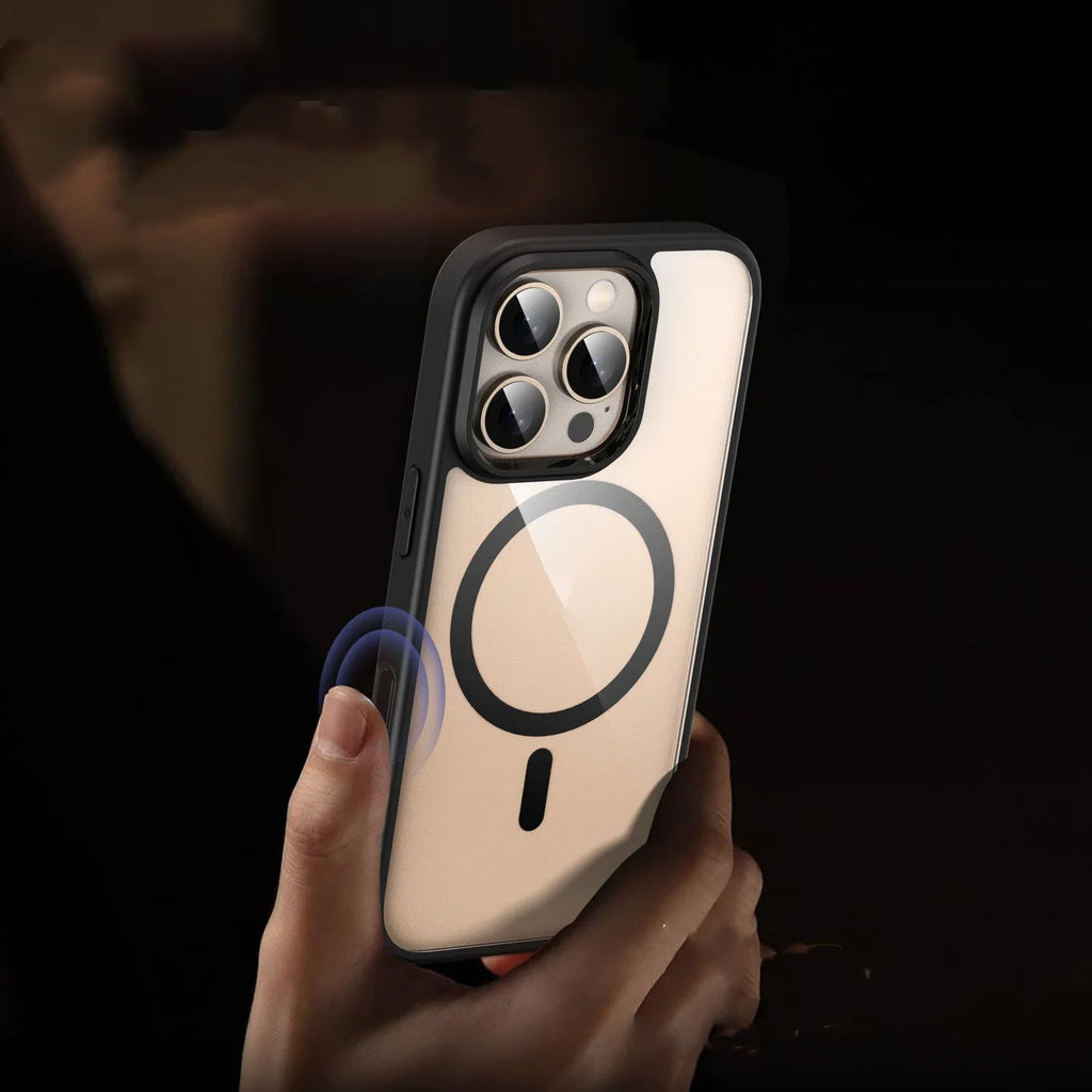 Black transparent magnetic phone case with airbag protection for iPhone 16 models