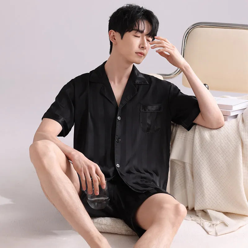 Men's ice silk pajama set with cardigan top and shorts in satin jacquard pattern
