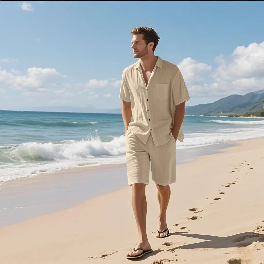 Men's linen blend short sleeve shirt and shorts casual beach set in army green.