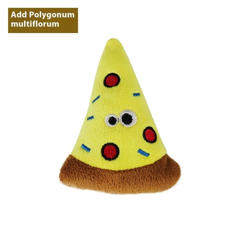 Set of six polygonum multiflorum wood cat dental toys in burrito, cone, cucumber, mushroom, pineapple, and pizza shapes with catnip plush companions