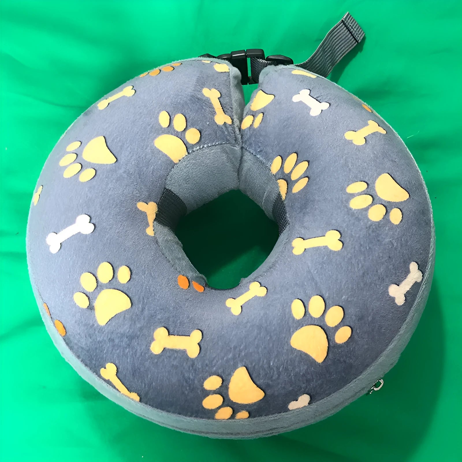 Blue inflatable PVC pet recovery collar with soft flocking guard circle for dogs, deflated state