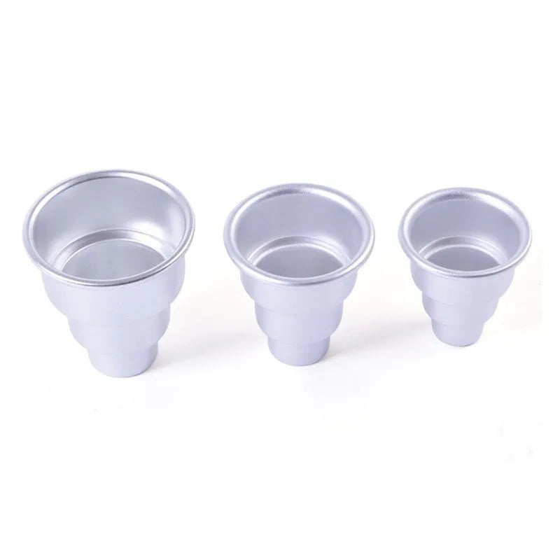 Silver aluminium three-layer cake mould set with large, medium and small moulds for fondant cakes