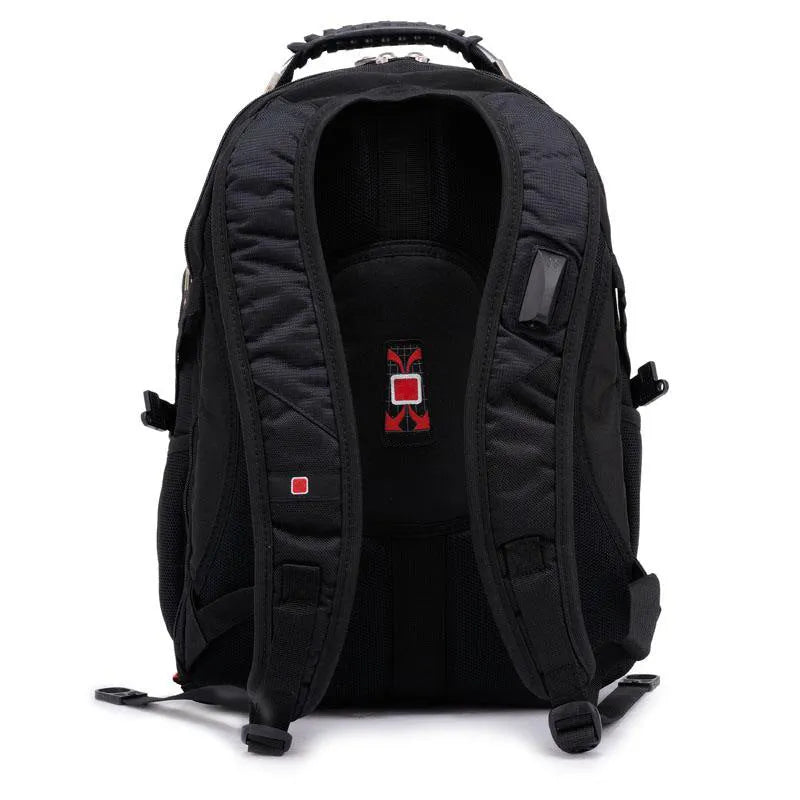 Black business laptop backpack showing three compartments, suitable for a 15 inch notebook.