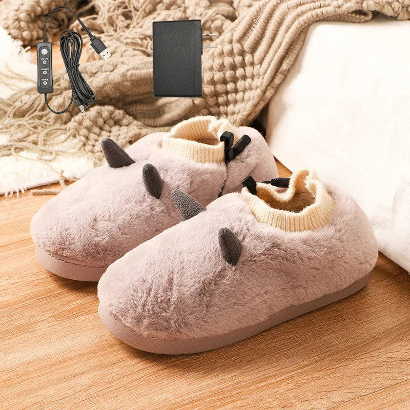 USB electric heating slippers in velvet, showing USB cable connection and adjustable temperature control.
