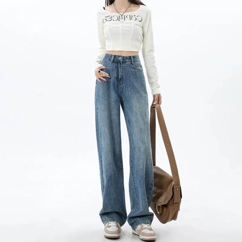 Women's retro blue wide leg jeans with high waist and straight cut on hanger