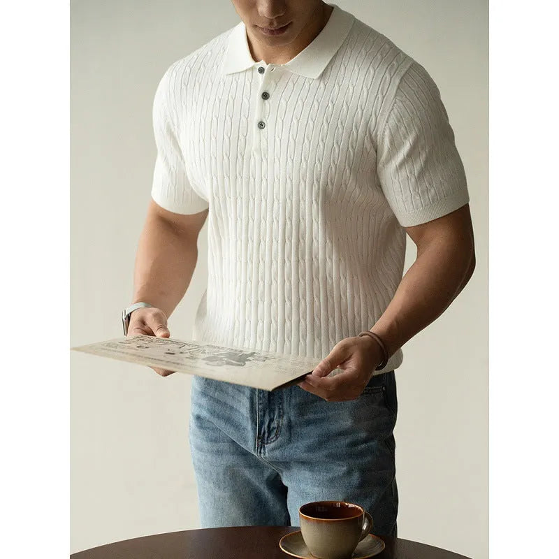 Men's khaki short sleeve business top with polyester nylon acrylic wool fabric blend for office commute wear