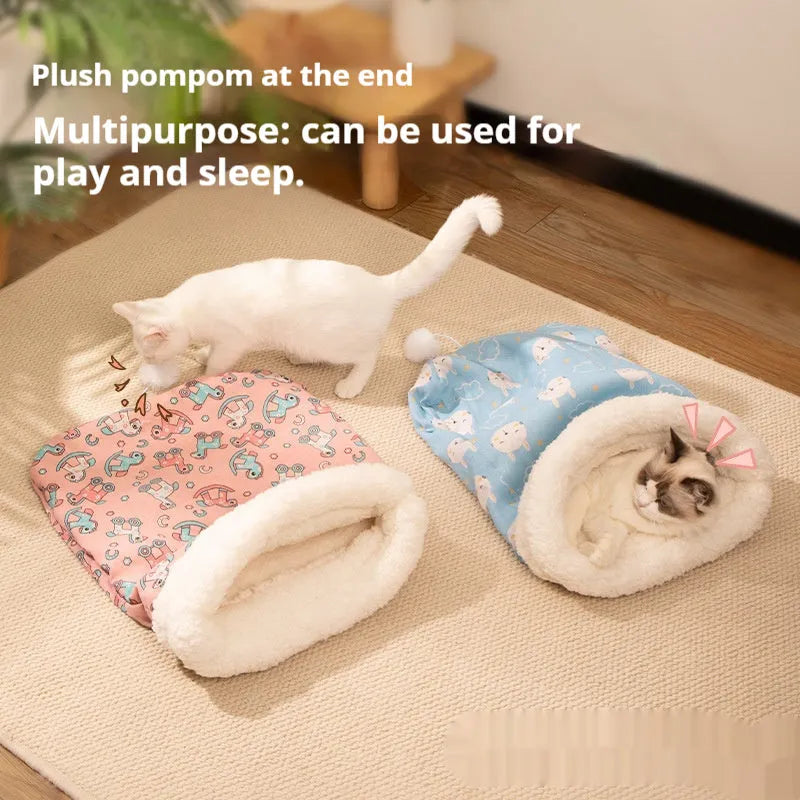 Flannel cat sleeping bag nest measuring 50cm by 40cm in blue rabbit design
