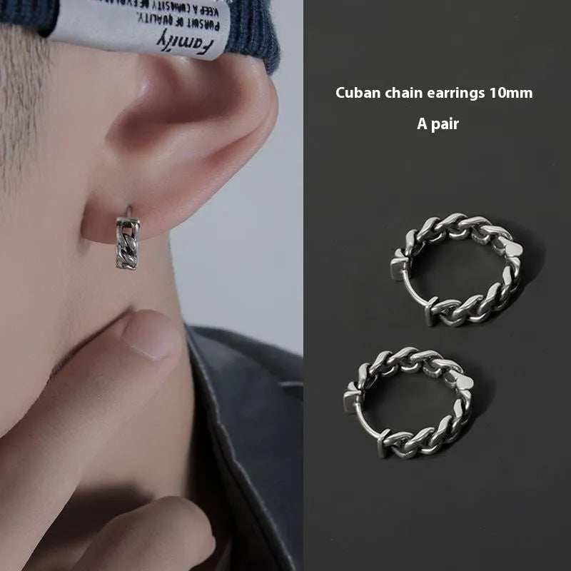 Men's silver-toned geometric copper earrings for hip hop style, shown in 10mm and 14mm sizes.