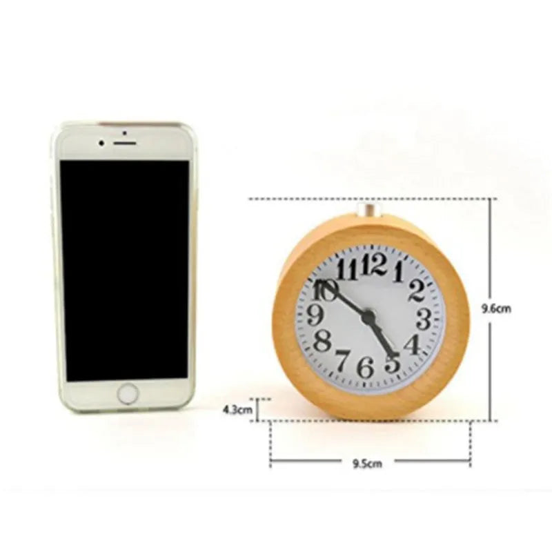 Solid beech wood silent bedside alarm clock with 4-inch dial and integrated mirror