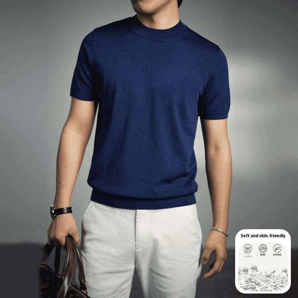Men's knitted t-shirt in chemical fibre blend with round neck and short sleeves in solid colour options