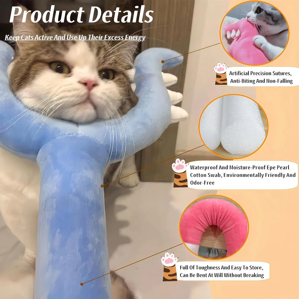 Blue and pink plush cat wand toy with foam head, 70 cm long for interactive play
