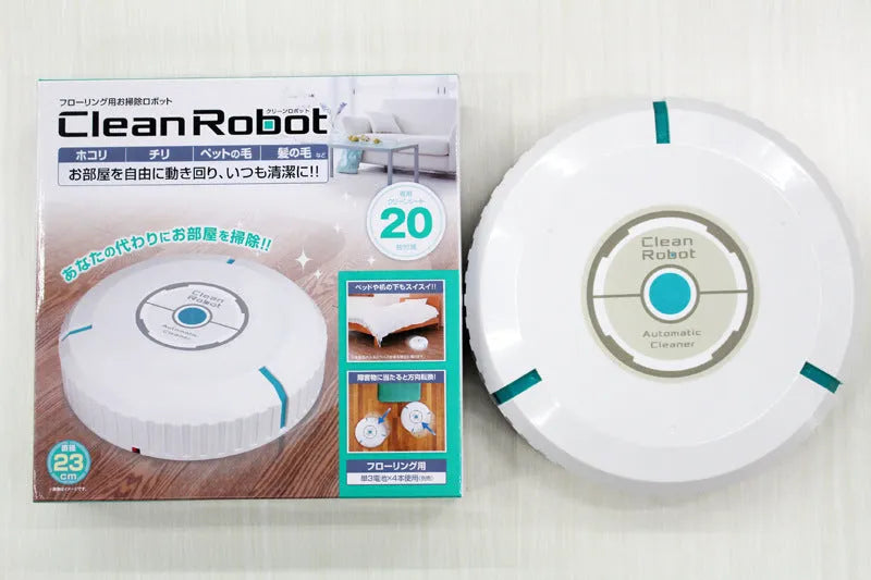 Black and white ABS plastic robot floor sweeper automatic cleaner on wooden floor