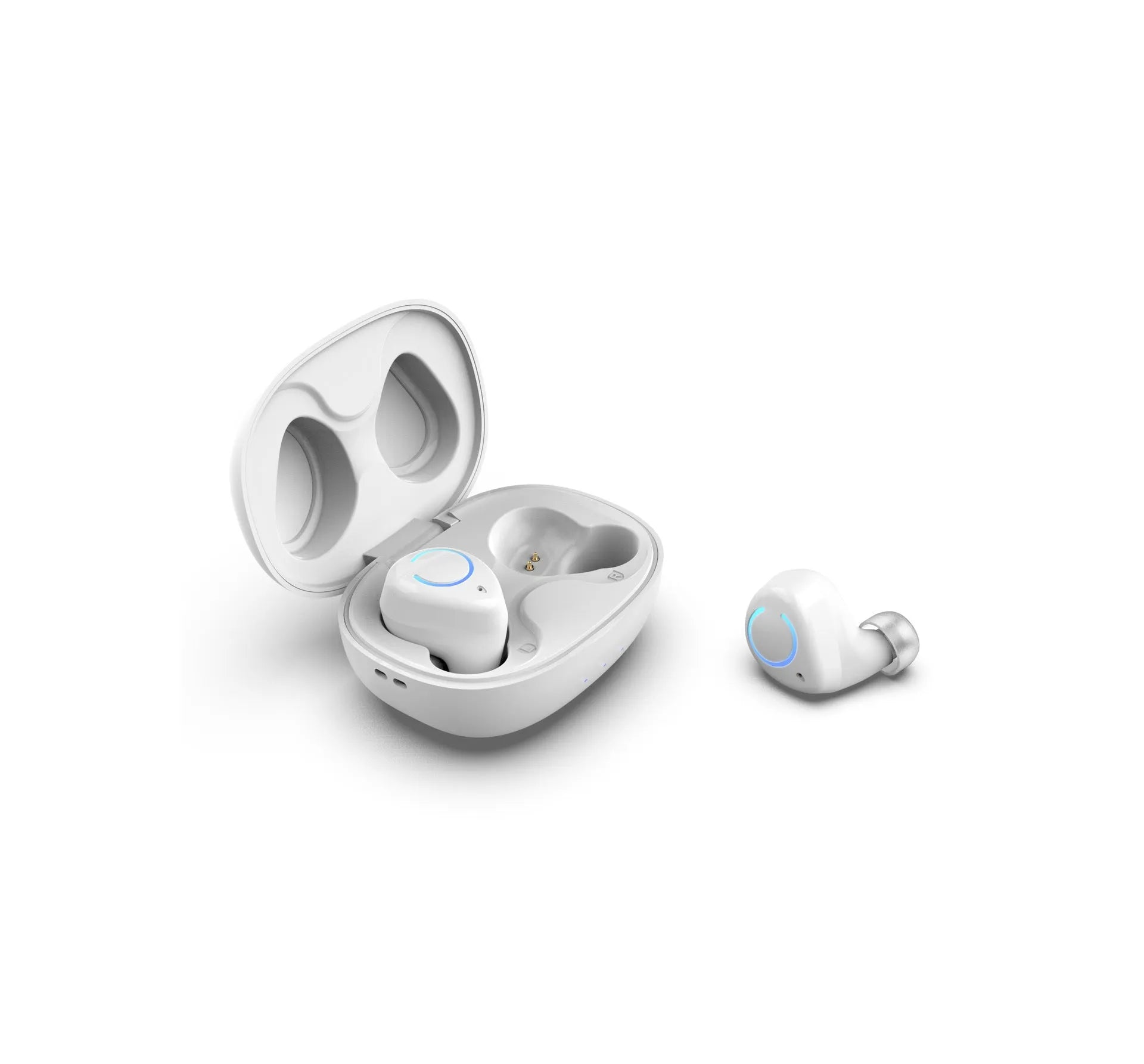 Black and white M18 true wireless in-ear stereo headphones with charging case.