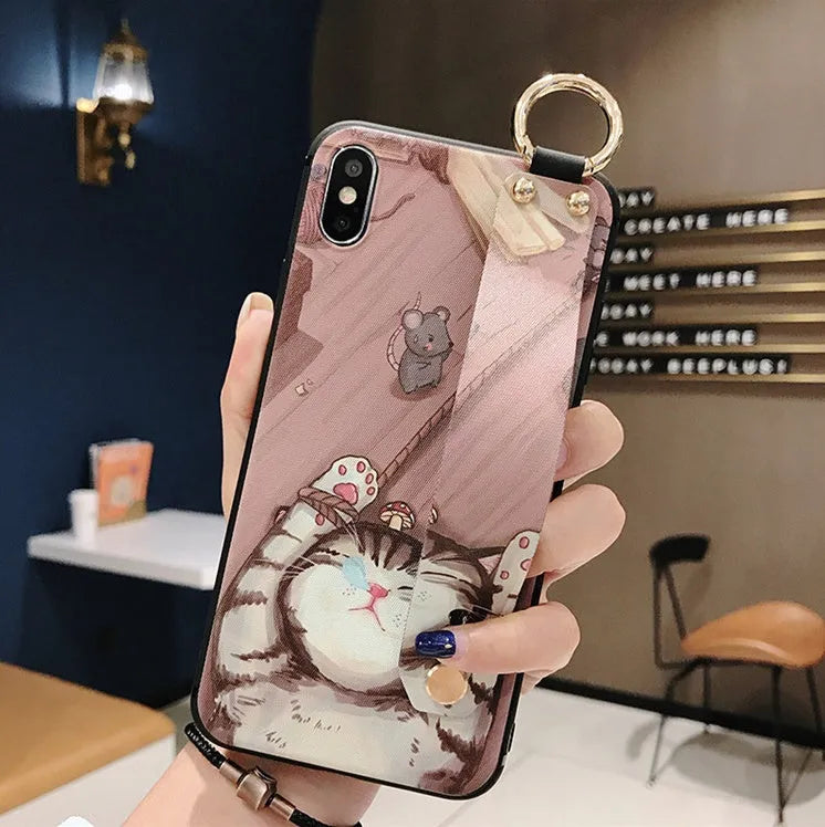 Rose flower patterned iPhone case with wrist strap attachment for iPhone models