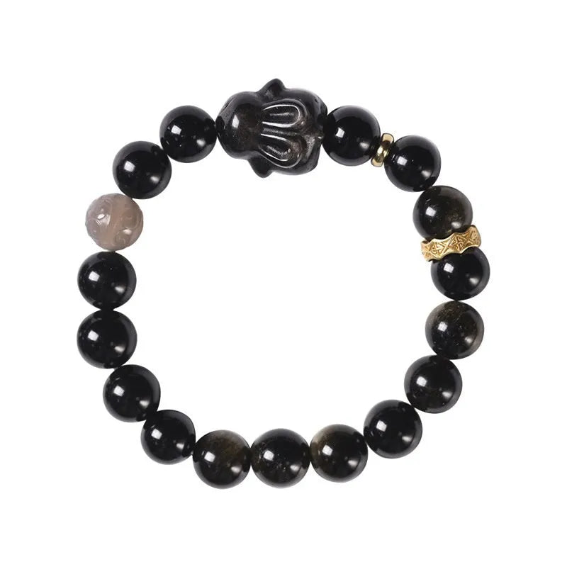 Handmade national style bracelet with lying rabbit charm made from jin yaoshi, agate, and brass.