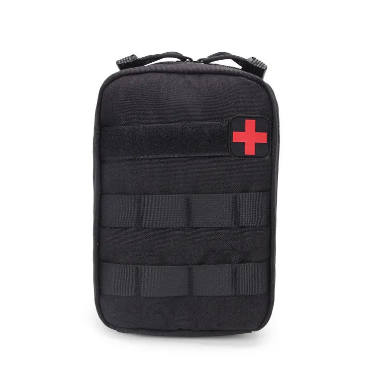 Army green nylon tactical medical pouch with Velcro panel attached to a vest.