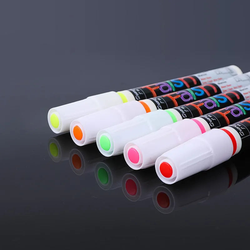 Electronic fluorescent board highlighter with oblique plastic body and a 6mm tip, shown with multi-colour refill options.