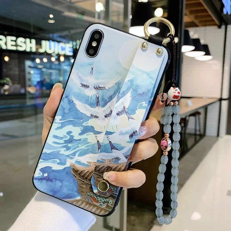 Rose flower patterned iPhone case with wrist strap attachment for iPhone models
