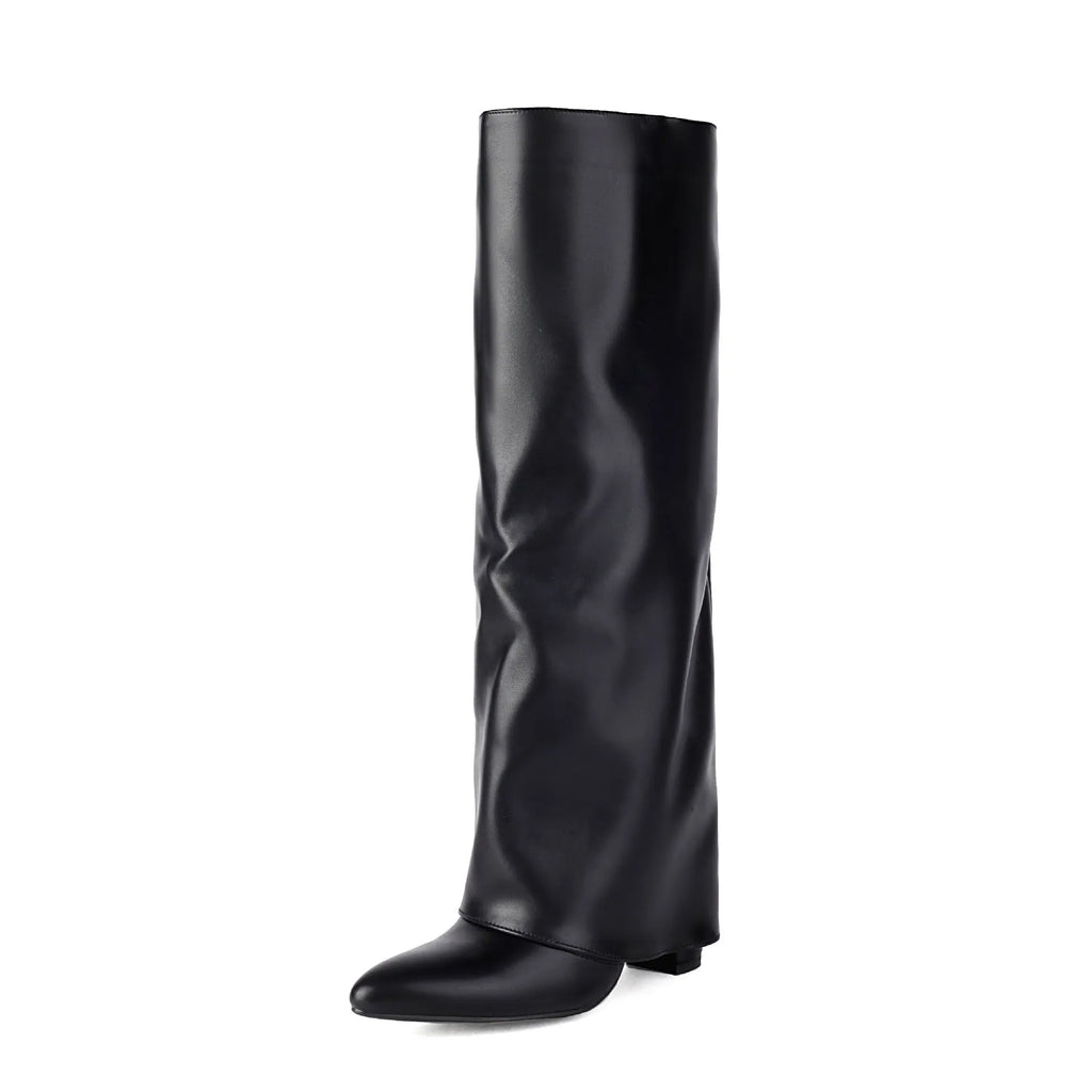 Women's plus size thick high heel boots in white colour with tall cylinder design and sewn seam details