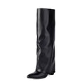 Women's plus size thick high heel boots in white colour with tall cylinder design and sewn seam details