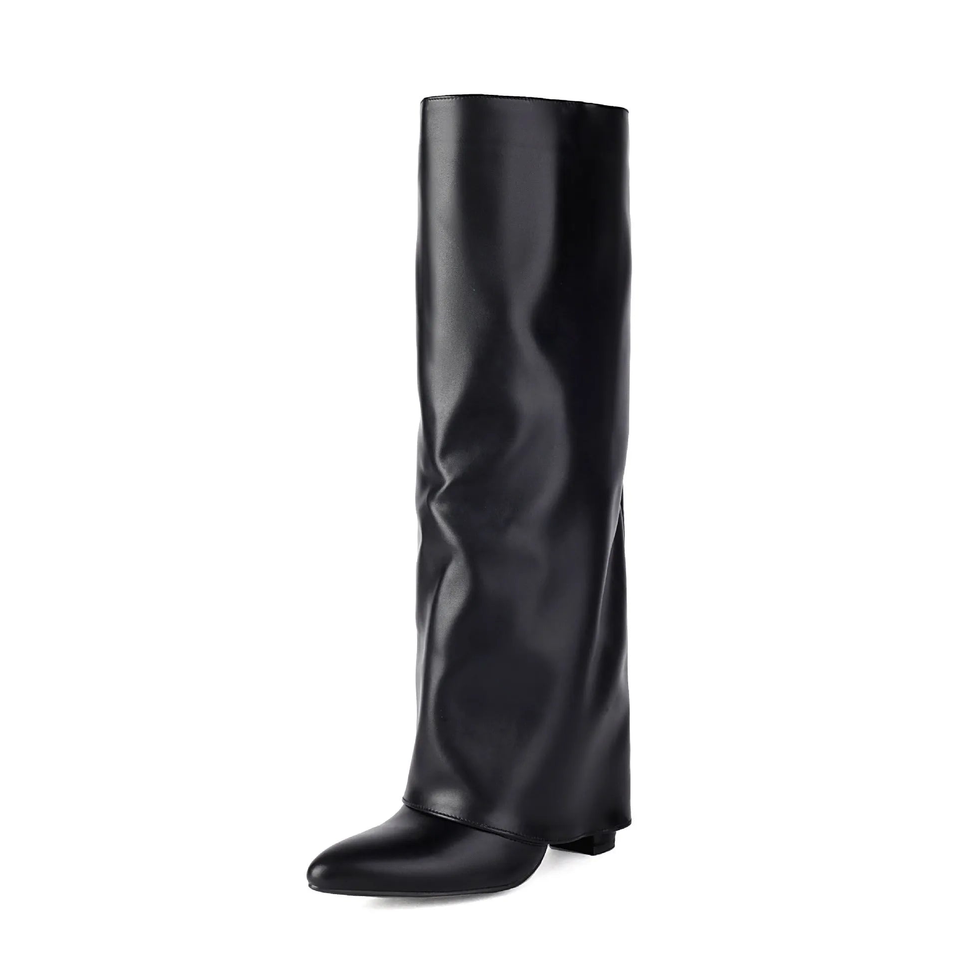 Women's plus size thick high heel boots in white colour with tall cylinder design and sewn seam details