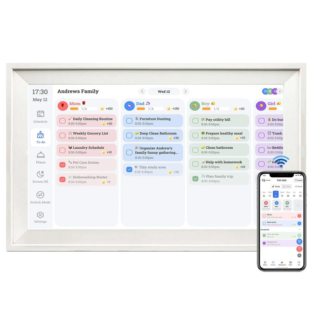 White 15.6 inch smart digital photo frame with Wi-Fi connectivity and mobile app control