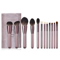 12-piece small grape makeup brush set with nylon bristles and wooden handles in OPP bag packaging