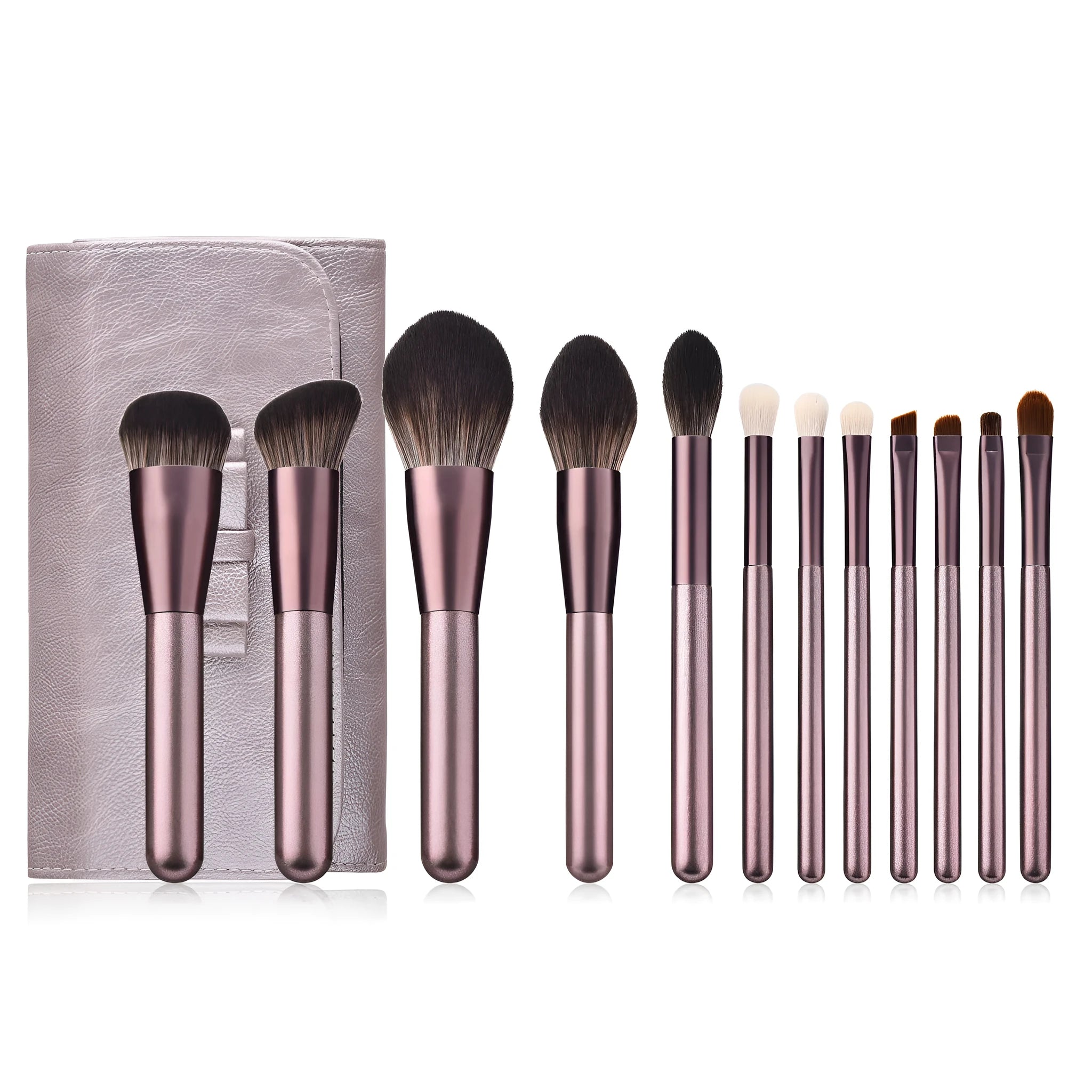 12-piece small grape makeup brush set with nylon bristles and wooden handles in OPP bag packaging