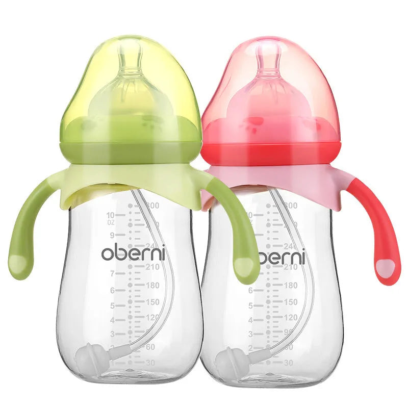 Wide caliber anti-colic baby bottle with handle in blue colour 300ml capacity