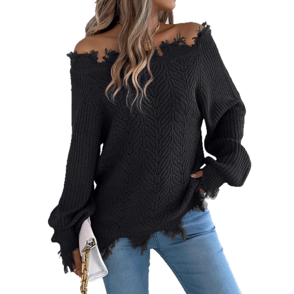 Hollow-out long-sleeved cut off-the-shoulder pullover sweater in artificial wool knit fabric
