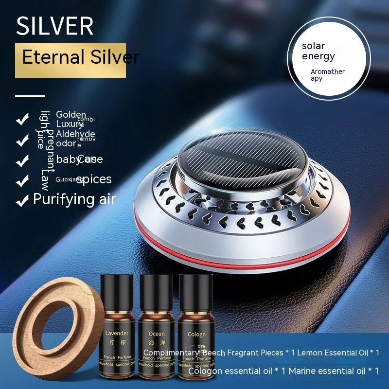 Solar-powered car air freshener with aluminium alloy housing and rotating fan