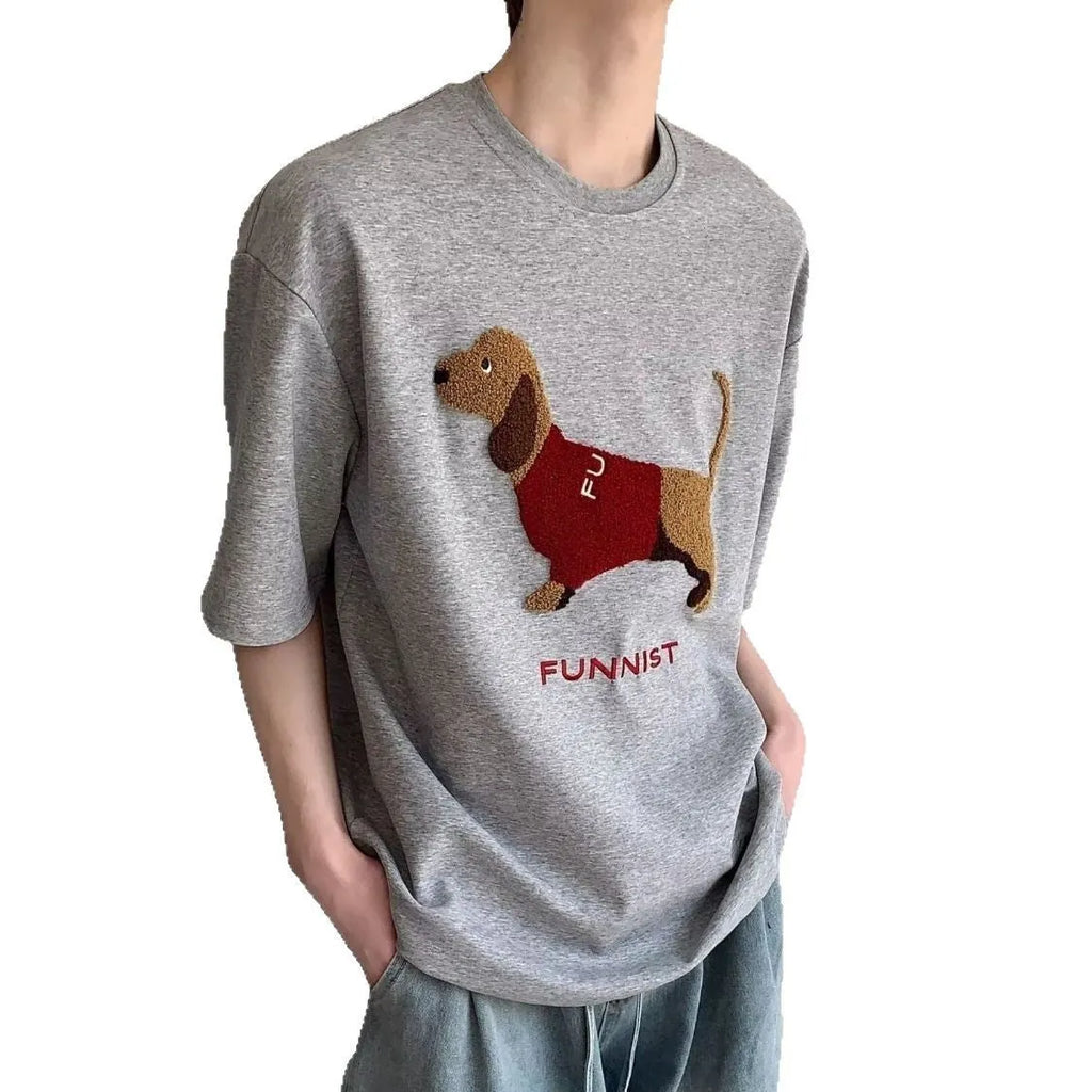 Men's grey cotton T-shirt with embroidered sausage dog design on front, round neck and short sleeves
