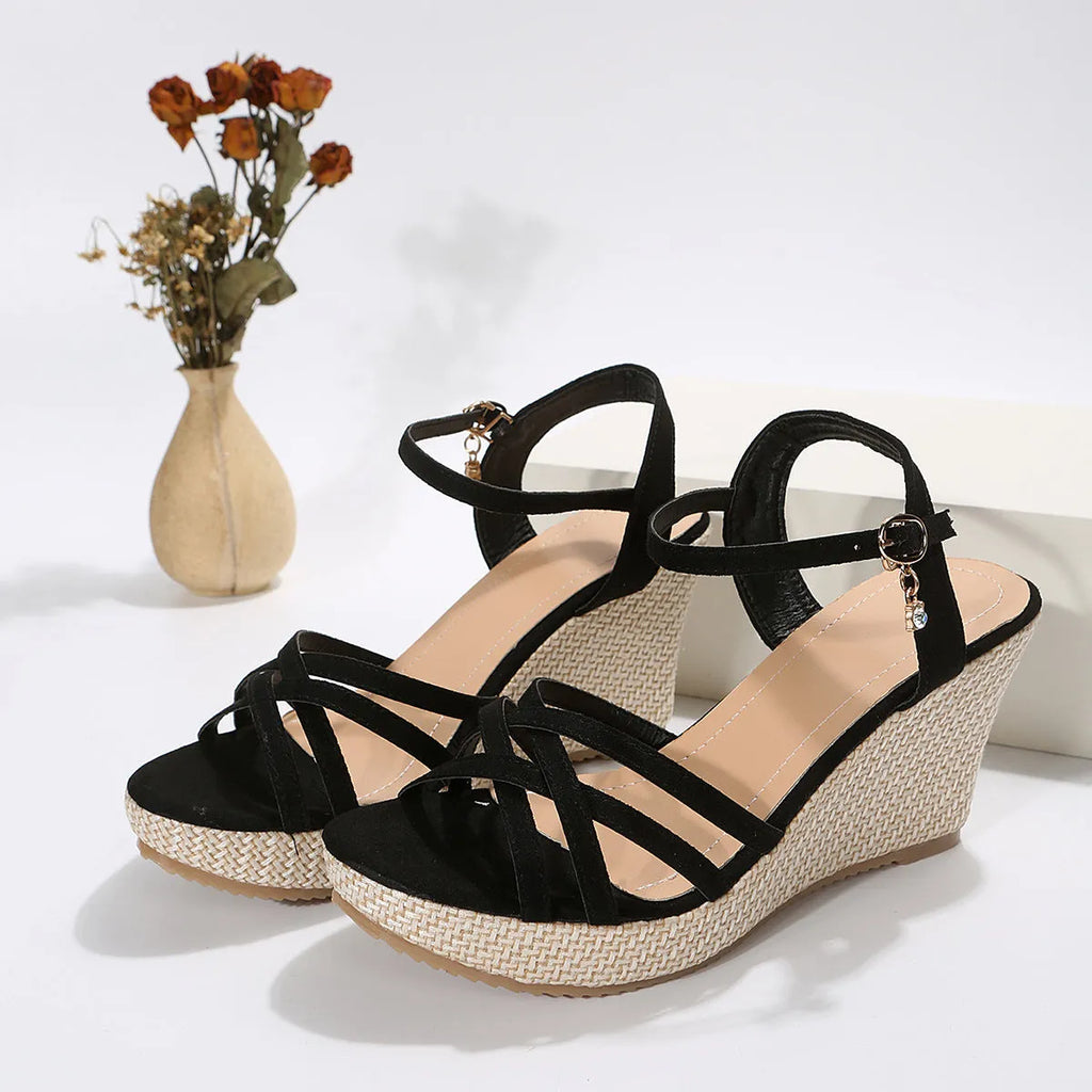 Women's wedge sandals with fish mouth toe design and cloth upper in black colour