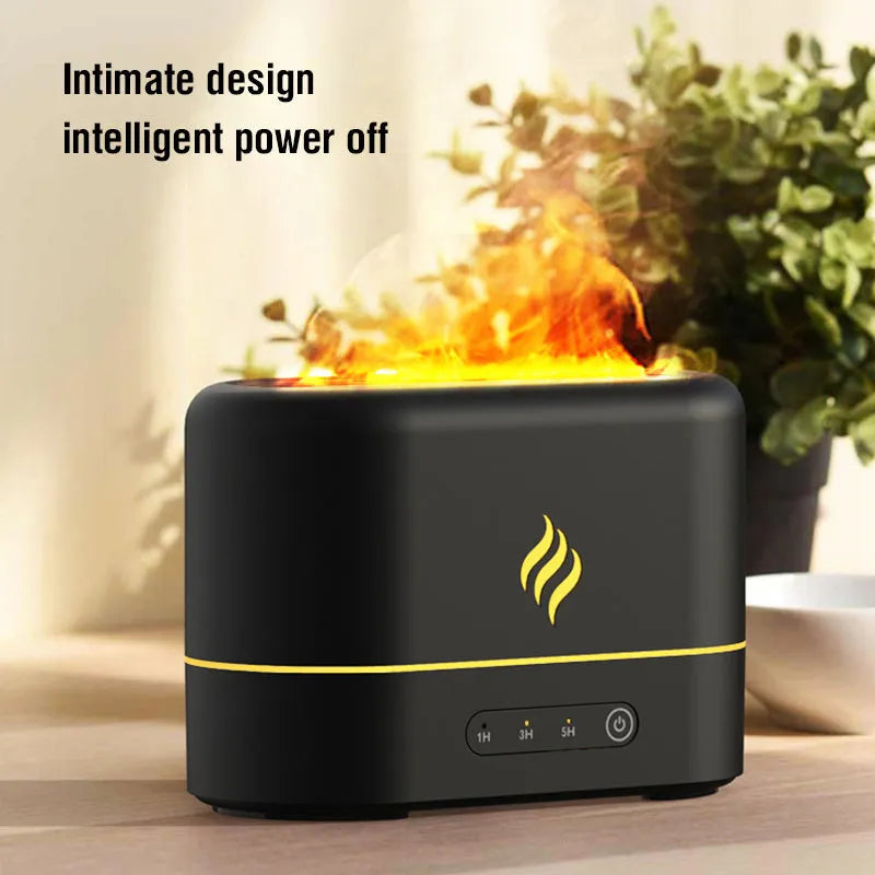 Black and white USB humidifier showing seven-colour flame light effect on a desk.