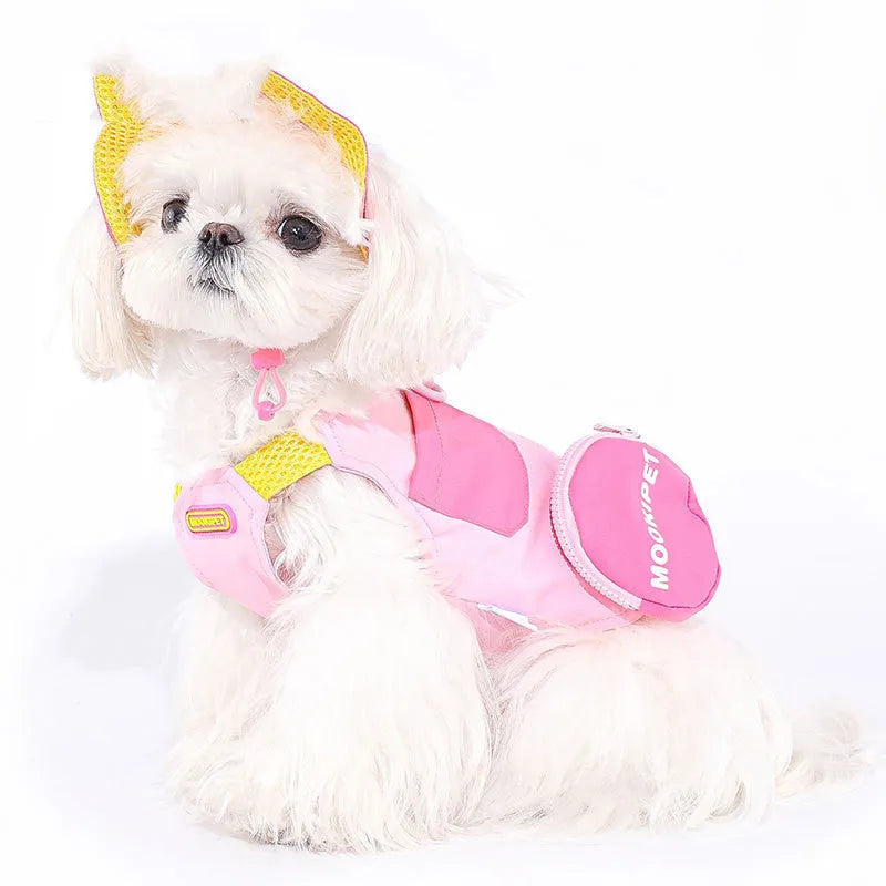 Pink polyester dog harness vest for small breeds like Bichon Frisé on a white background